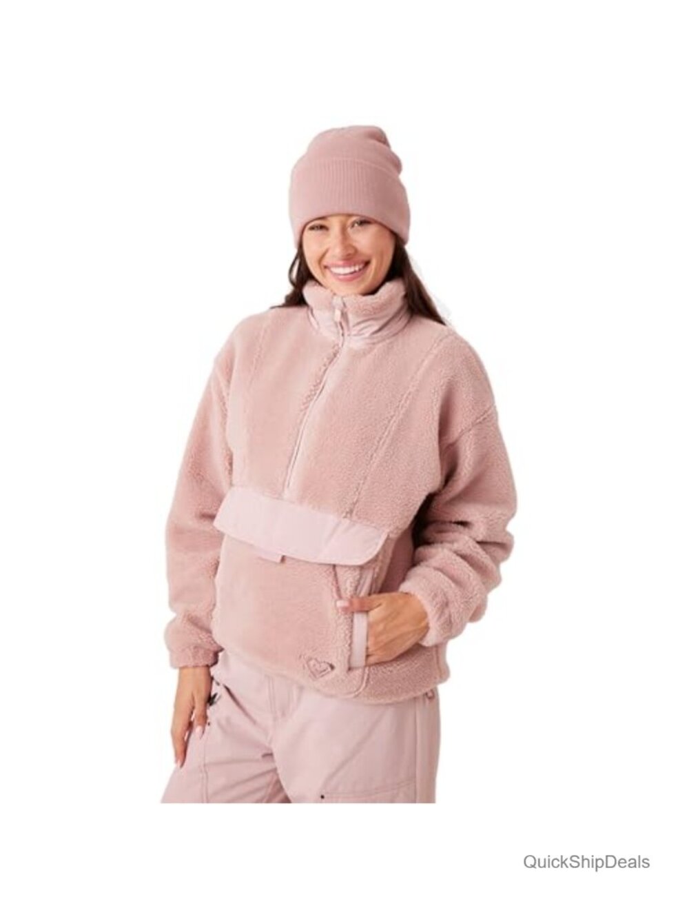 Roxy Women's Plush Faux Sherpa Half-Zip Pullover Jacket with Removable Hood